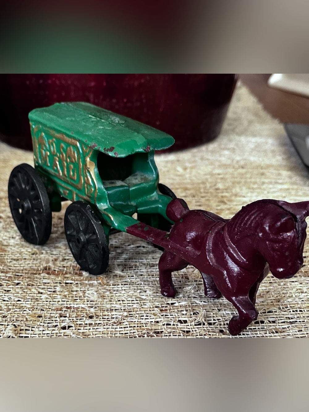 Vintage Cast Iron Green  Horse-Drawn Toy Wagon not a toy for children